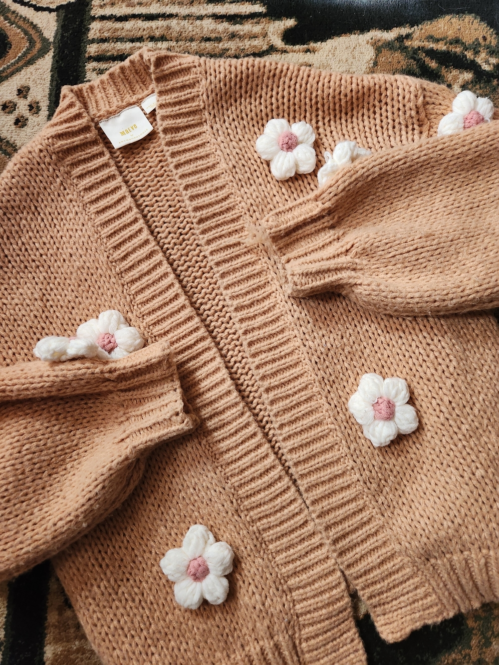 Maeve Peach Flower-Appliqué Chunky Cardigan - Picture 2 of 9
